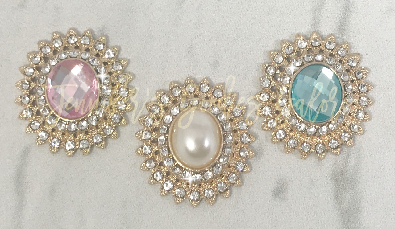 25*28mm, Gold Embellishments, Oval Crystal Button, Pink, Pearl