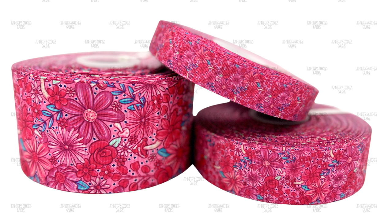 Pink Floral Ribbon, Mushroom Ribbon, Daisy Ribbon, Floral Ribbon, Hair