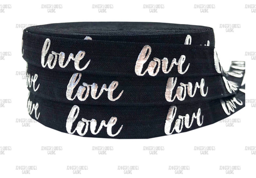 5/8", Valentine's FOE, Black Elastic, Silver Foil, Love Words, Valentine Elastic, Fold Over Elastic, Holiday FOE, Valentine Hair Ties, Elastic Hair Ties, Wholesale FOE