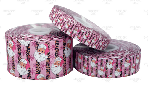 Christmas Ribbon, Pink Santa Ribbon, Leopard Print Ribbon, Holiday Ribbon, Lanyard Ribbon, Wholesale Ribbon, PER YARD