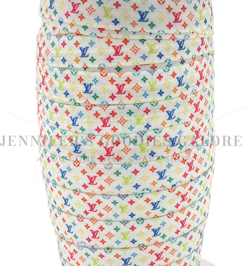 5/8", Louis Vuitton FOE, Custom Printed Elastic, Designer Name Elastic, Rainbow Confetti, LV Logo, FOE, Fold Over Elastic, DIY Hair Ties, Elastic Hair Ties, Wholesale Elastic, 3 YARDS (0136)