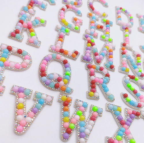 2, Elegant Pastel Pearl Letter Patches with Rhinestone Accents, Iron/Glue/Sew  on Letters, Alphabet Letter Patches, Colorful Beads, Letter appliques, 1  piece - Jennifer's Goodies Galore