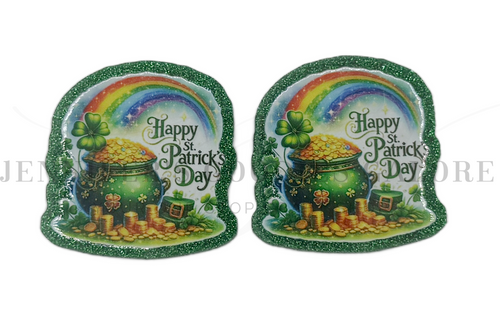 39x40mm, St. Patrick's Day Flatback Planar Resin | Green Glitter Acrylic | Pot of Gold Embellishment | Holiday Resins | Flatback Resin for Bows, Crafts & DIY, 2 PCS (2917)