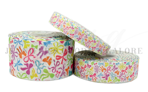Colorful Bow Print Grosgrain Ribbon, Coquette Bows, Multicolor Bow Pattern Ribbon for Hair Bows, Crafts & Accessories, PER YARD