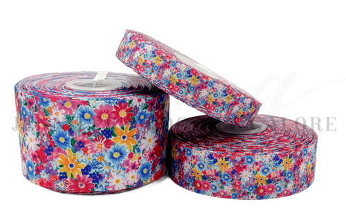 Preppy Ditsy Floral Ribbon, Pink Flower Ribbon, Colourful Spring Florals, Blue Floral Summer, Hair Bow Ribbon, Wholesale Ribbon, PER YARD