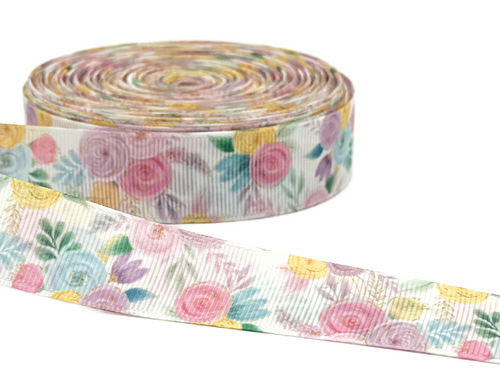 7/8", Spring Floral Ribbon, White, Floral Ribbon, Flowers, 1 ROLL