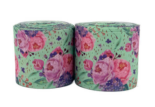 3", Pink Roses Ribbon, Mint, Floral Ribbon, 1 ROLL