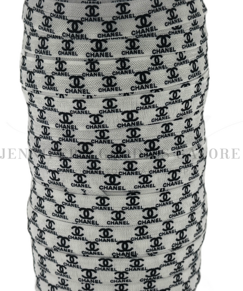 5/8", Chanel FOE, Custom Printed Elastic, Designer Name Elastic, Chanel on White FOE, FOE, Fold Over Elastic, DIY Hair Ties, Elastic Hair Ties, Wholesale Elastic, 3 YARDS