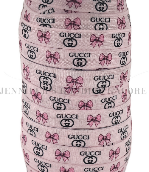 5/8", Gucci FOE, Custom Printed Elastic, Designer Name Elastic, Pink Bows, FOE, Fold Over Elastic, DIY Hair Ties, Elastic Hair Ties, Wholesale Elastic, 3 YARDS