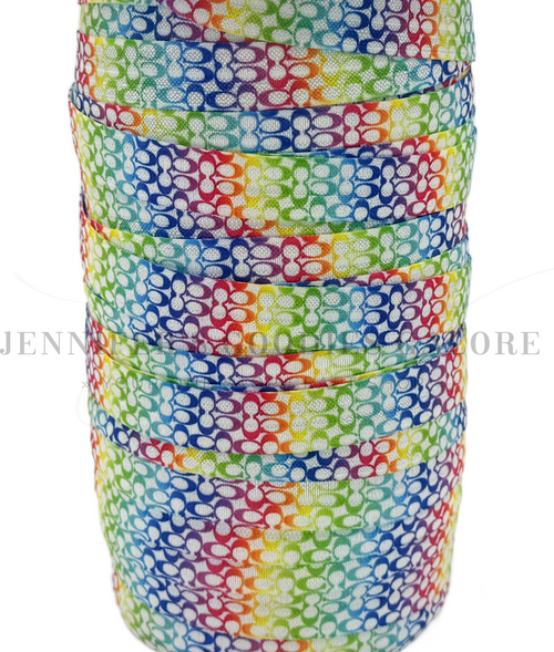 5/8", Coach FOE, Custom Printed Elastic, Designer Name Elastic, RAINBOW on WHTIE, FOE, Fold Over Elastic, DIY Hair Ties, Elastic Hair Ties, Wholesale Elastic, 3 YARDS