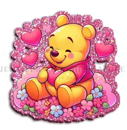 40mm, Valentine's Day Resins, Pooh Bear, Pink Glitter, Planar Resins, Badge Reel Resins, Embellishments, Hair Bow Centers, Cabochons, Wholesale Resins, 2PCS 