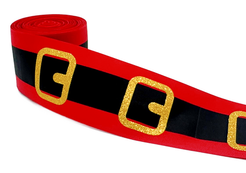 3", Christmas Ribbon, Santa Belt Ribbon, Glitter, 1 ROLL