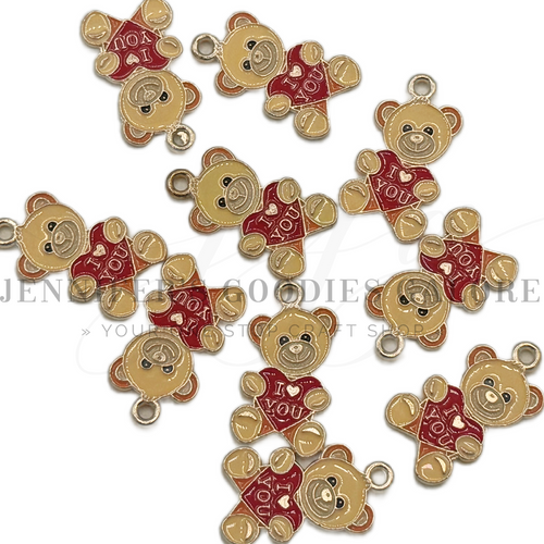 Valentine's Day Charms, Teddy Bear, I Love you, Gold Plated, Small Charm Pendants, Necklace Charms, Charms for Bracelets, Holiday Charms, Wholesale Charms, 2PCS