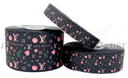 Boujee Ribbon, LV Ribbon, Pink Roses, Fashion Designer Ribbon, Hair Bow Ribbon, Ribbon for Lanyards, Wholesale Ribbon, PER YARD