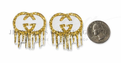 40mm, Gucci Resins, Custom, Gold Drip, Designer Logo Resins, Flat Back, Hair Bow Centers, Badge Reel Resins, Cabochons, Fashion Designer Resins, Wholesale Resins, 2PCS (2998)