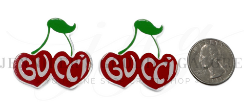 40mm, Gucci Resins, Custom, Cherries, Designer Logo Resins, Flat Back, Hair Bow Centers, Badge Reel Resins, Cabochons, Fashion Designer Resins, Wholesale Resins, 2PCS