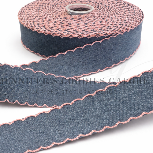38mm, (1.5"), Denim Ribbon, Moonstitch Ribbon, Scallop Ribbon, Pink Trim, Hair Bow Ribbon, Ribbon for Crafts, Wholesale, PER YARD