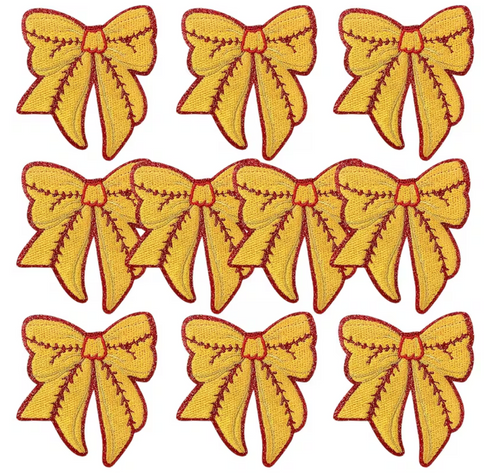 2.5x3", Softball Patches, Yellow, Coquette Bow, Red Glitter Embroidery Iron-On Patches, Suitable For DIY Trucker Caps, Bags, Clothes, Jeans, Jackets, Washable Cloth Patches, 1 PC
