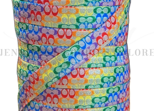 5/8", Coach FOE, Custom Printed Elastic, Designer Name Elastic, Rainbow on Tan, FOE, Fold Over Elastic, DIY Hair Ties, Elastic Hair Ties, Wholesale Elastic, 3 YARDS
