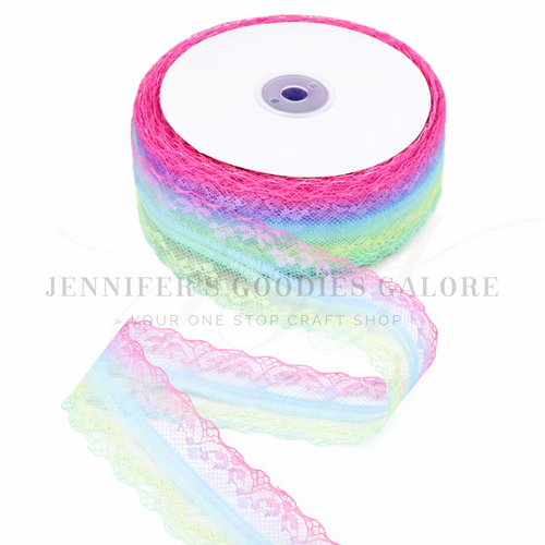 4cm, Rainbow Sherbet Lace Trim – Pastel Rainbow Stretch Lace for Bows, Headbands, Sewing & Craft Supplies, 5 YARDS