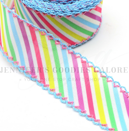 38mm(1-1/2''), Easter Ribbon, Fine Linen, Double Layer, Two-Color Hook Ribbon, Pastel Stripes, Moonstitch Ribbon, Hair Bow Ribbon, Wholesale, 4-1/2-5 YARDS