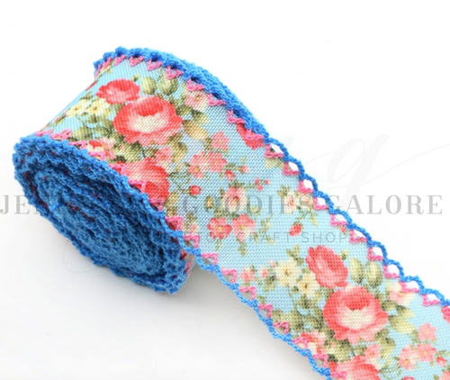 38mm(1-1/2''), Floral Ribbon, Fine Linen, Double Layer, Two-Color Hook Ribbon, Blue Ribbon, Moonstitch Ribbon, Hair Bow Ribbon, Wholesale, 4-1/2-5 YARDS