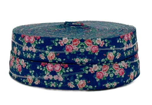5/8", Floral FOE, Fold Over Elastic, Flowers, Navy, 10 YARDS