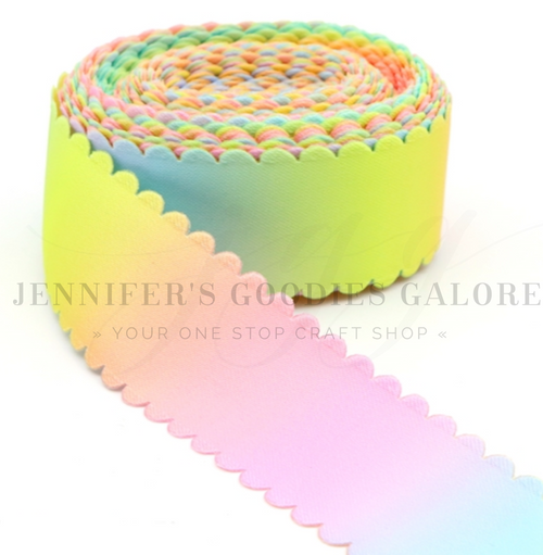 1.5", Scalloped Pastel Rainbow Ombre Ribbon, Double Sided, Gradient, Polyester, Wavy Edge Ribbon, Hair Bow Ribbon, Wholesale, 1 YARD
