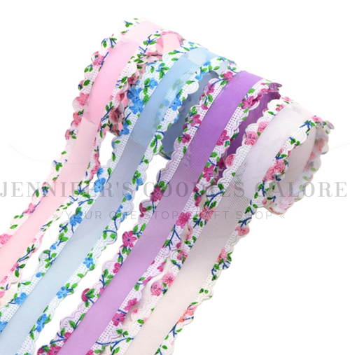 1" (25mm), Floral Lace Ribbon Trim, Pink, Blue, Purple & White Mesh Ribbon, Scalloped Edge, Spring Flower Craft Ribbon, Hair Bow, Sewing & DIY Supplies, PER YARD