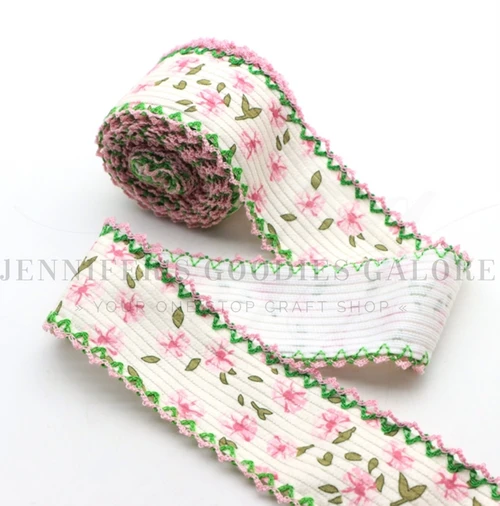 38mm(1-1/2''), Floral Ribbon, Corduroy Ribbon, Double Layer, Two-Color Hook Ribbon, Off White Ribbon, Moonstitch Ribbon, Hair Bow Ribbon, Wholesale, 4-1/2-5 YARDS