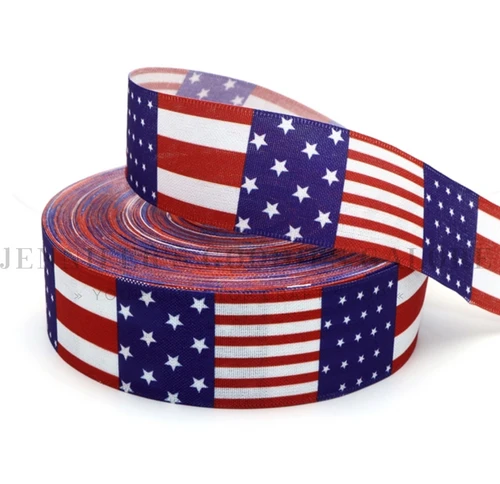 40mm(1.6''), Patriotic Ribbon, Embossing Edge, Fine Linen Ribbon, Stars and Stripes, Hair Bow Ribbon, 4-1/2 - 5YARD ROLL