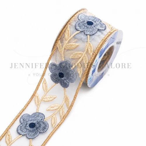 2", Flower Embroidered Lace Mesh Ribbon, Blue, Sheer Ribbon, Chiffon Ribbon, Floral, PER YARD