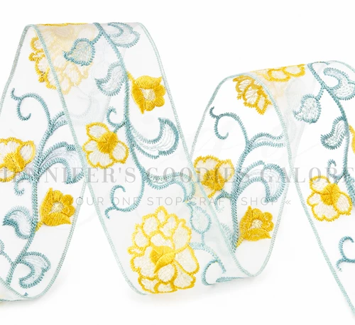 2", Flower Embroidered Lace Mesh Ribbon, Yellow Floral, Organza Ribbon, Sheer Ribbon, Chiffon Ribbon, Floral, PER YARD