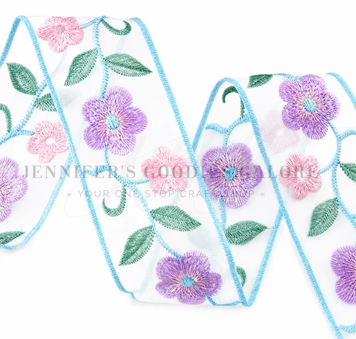 2", Flower Embroidered Lace Mesh Ribbon, Violet Bloom, Organza Ribbon, Sheer Ribbon, Chiffon Ribbon, Floral, PER YARD 