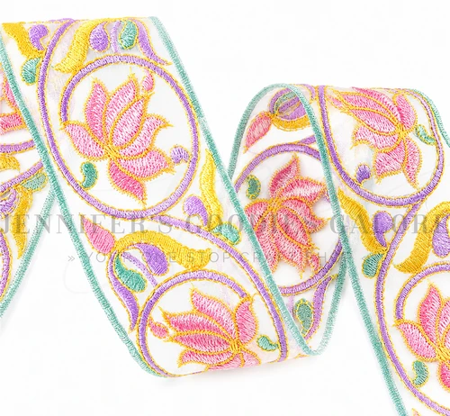 2", Flower Embroidered Lace Mesh Ribbon, Lotus Luxe, Organza Ribbon, Sheer Ribbon, Chiffon Ribbon, Floral, PER YARD