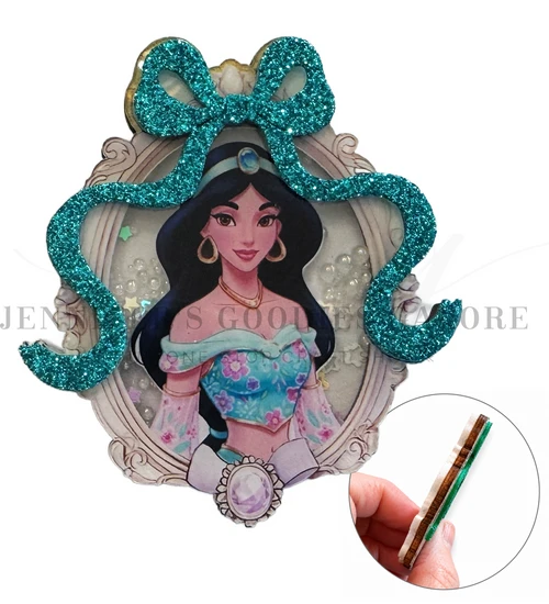 3x2.5", Princess Shakers, Jasmine Shaker Pattern, Character Resins, Layered Flat Back Resins, Cabochon, Die Cut Resins, Bow Embellishments, DIY Badge Reel Accessories, 1PC