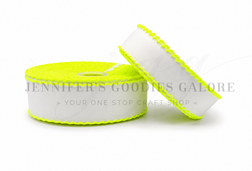 Moonstitch Ribbon, Neon Ribbon, White Ribbon, Key Lime Stitched Edge, Wholesale, PER YARD
