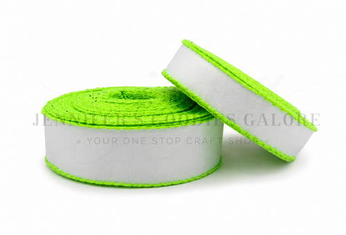 Moonstitch Ribbon, Neon Ribbon, White Ribbon, ACID GREEN Stitched Edge, Wholesale, PER YARD
