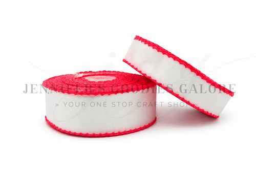 Moonstitch Ribbon, Neon Ribbon, White Ribbon, NEON ORANGE Stitched Edge, Wholesale, PER YARD