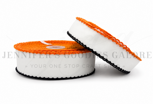 Moonstitch Ribbon, Halloween Ribbon, White Ribbon, BLACK & ORANGE Stitched Edge, Wholesale, PER YARD