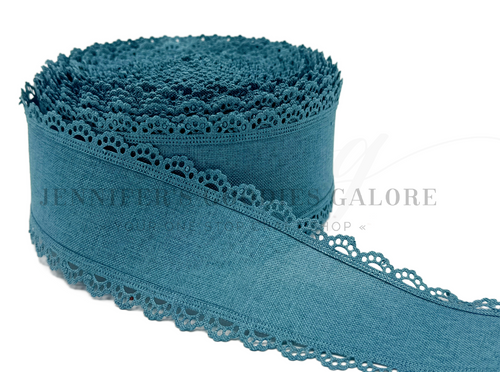 2.5", Linen Ribbon, Scalloped Edge Ribbon, PEACOCK BLUE, Lace Edge Ribbon, Hair Bow Ribbon, 1 YARD