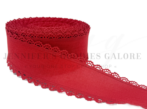 2.5", Linen Ribbon, Scalloped Edge Ribbon, RED, Lace Edge Ribbon, Hair Bow Ribbon, 1 YARD
