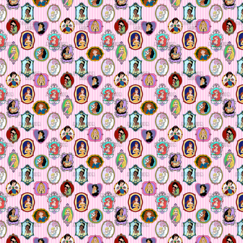 (princessframe3) 9x12", Princess Leather, Cinderella, Ariel, Tiana, Custom Printed Leather, Pink Stripes, Disney, Patent, Key FOB Leather, Vinyl, Faux, Glitter, Litchi, DIY Leather Bows, 1 SHEET 