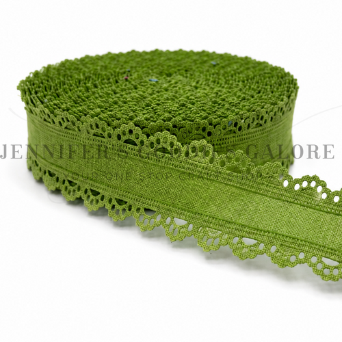 1.5", Linen Ribbon, Scalloped Edge Ribbon, SPRING GREEN, Lace Edge Ribbon, Hair Bow Ribbon, 1 YARD