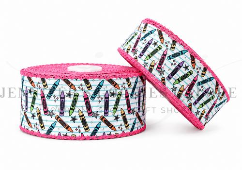 Back to School Ribbon, Moonstitch Ribbon, Crayon Ribbon, Pink Stitch, Hair Bow Ribbon, Wholesale, PER YARD