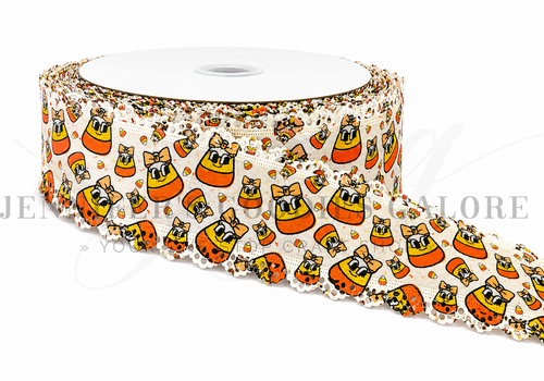2.5", Linen Ribbon, Scalloped Edge Ribbon, Candy Corn, Halloween Ribbon, Lace Edge Ribbon, Hair Bow Ribbon, 1 YARD