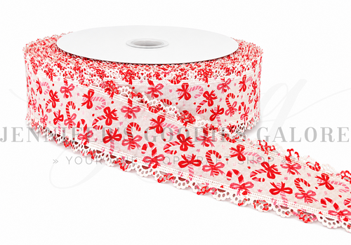 2.5", Linen Ribbon, Scalloped Edge Ribbon, Candy Canes, Christmas Ribbon, Lace Edge Ribbon, Hair Bow Ribbon, 1 YARD
