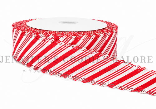 2.5", Linen Ribbon, Scalloped Edge Ribbon, Candy Cane Stripes, Christmas Ribbon, Lace Edge Ribbon, Hair Bow Ribbon, 1 YARD