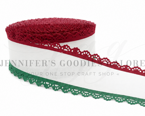 2.5", Linen Ribbon, Scalloped Edge Ribbon, Red and Green, Christmas Ribbon, Lace Edge Ribbon, Hair Bow Ribbon, 1 YARD