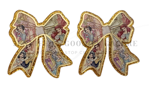 70mm, Princess Resins, Planar Resins, Belle, Aurora, Snow White, Ariel, Cinderella, Coquette Bow, Gold Glitter, Badge Reel Resins, Flat Back Resins, Cabochons, Hair Bow Centers, 2PC 